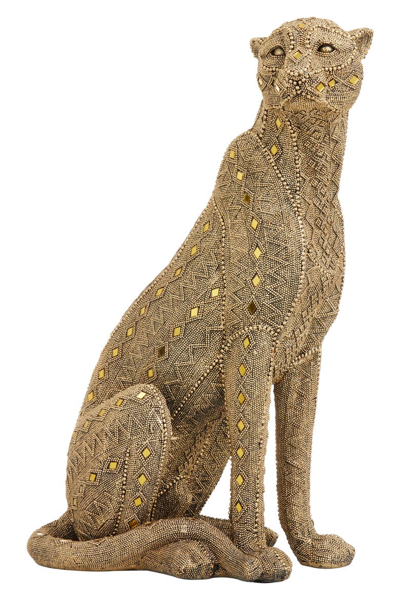 Goldtone Polystone Glam Leopard Sculpture with Diamond Shaped Mirrored Accent, Main, color, GOLD