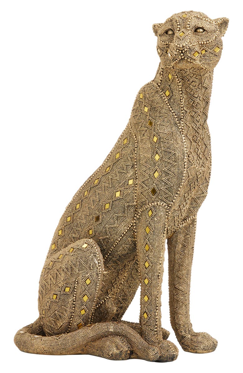 COSMO BY COSMOPOLITAN Goldtone Polystone Glam Leopard Sculpture with Diamond Shaped Mirrored Accent, Main, color, 
