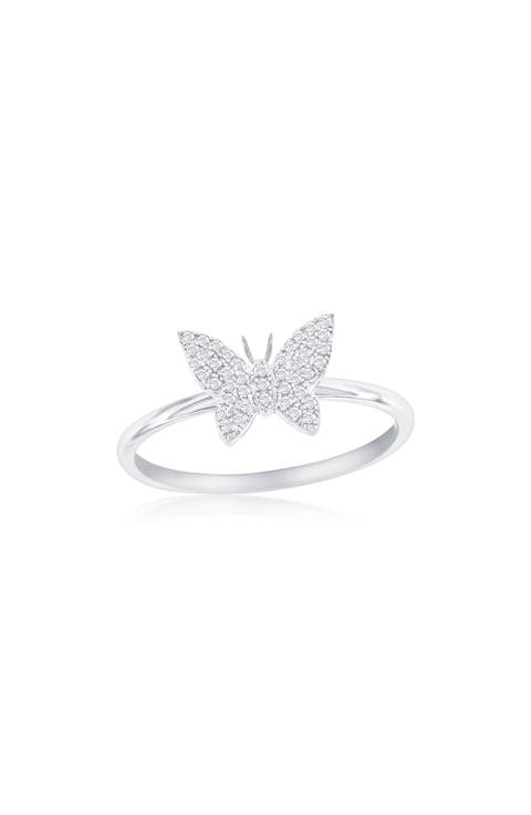 Sterling Silver Pavé Diamond Butterfly Ring - 0.13 ctw