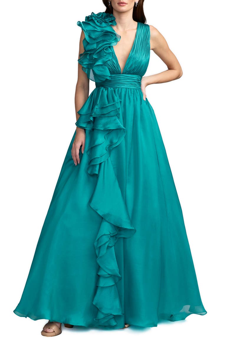 Ruffle Shoulder V-Neck Chiffon Gown, Main, color, Teal