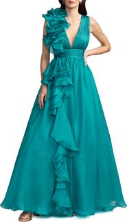 Mac Duggal Ruffle Shoulder V-Neck Chiffon Gown