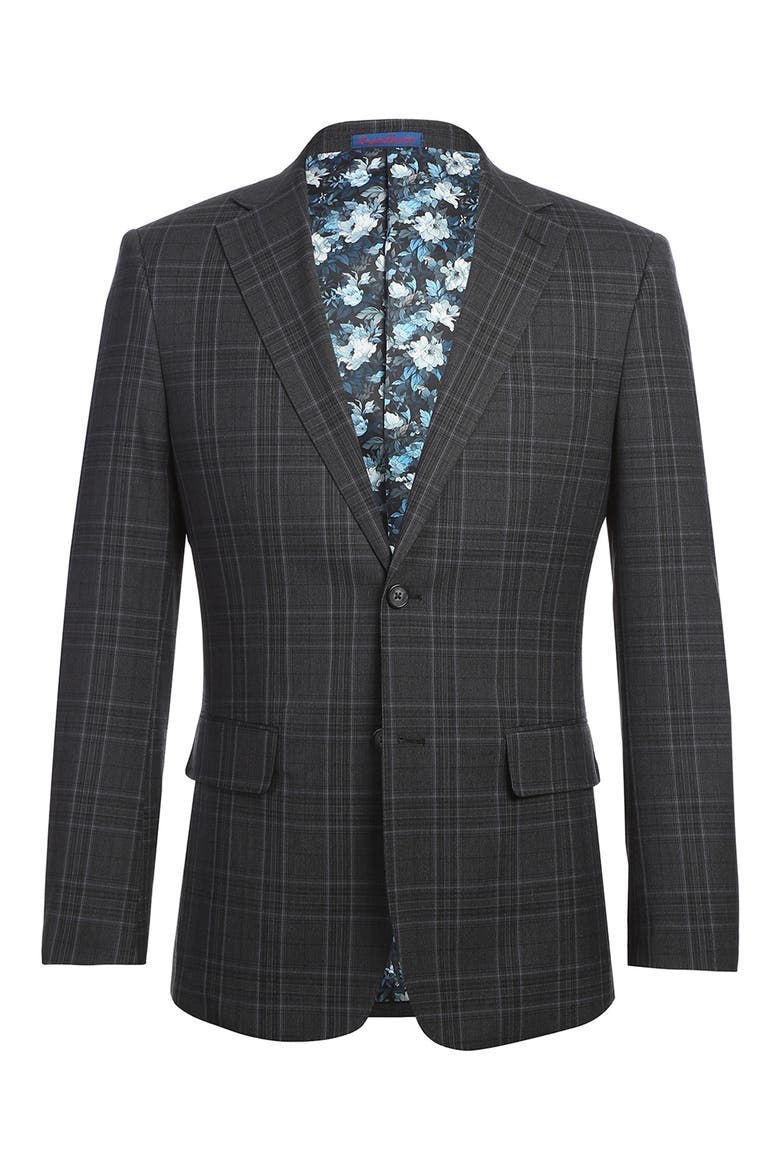 Plaid Trim Fit Notch Lapel Two-Piece Suit, Alternate, color, GREY