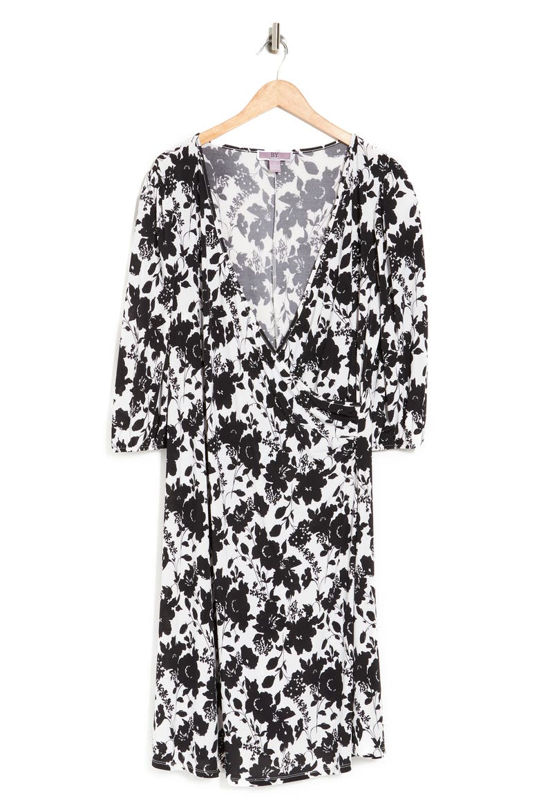 Amelia Side Ruched Surplice Dress, Alternate, color, BLACK/ WHITE FLORAL