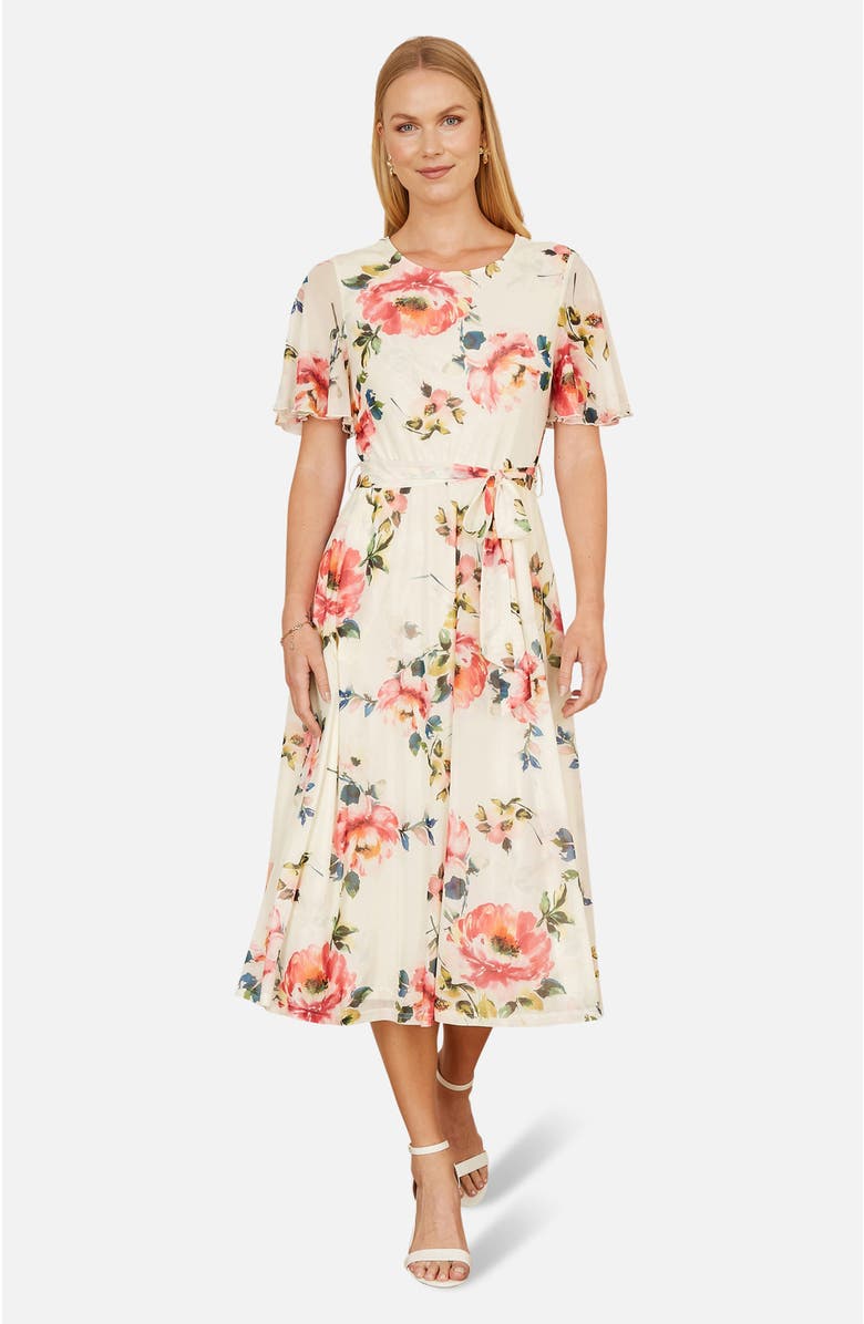 Yumi Mesh Floral Print Midi Dress, Main, color, Ivory
