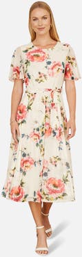 Yumi Mesh Floral Print Midi Dress