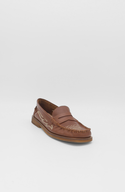 Baldanza Leather Western Embroidery Penny Loafers