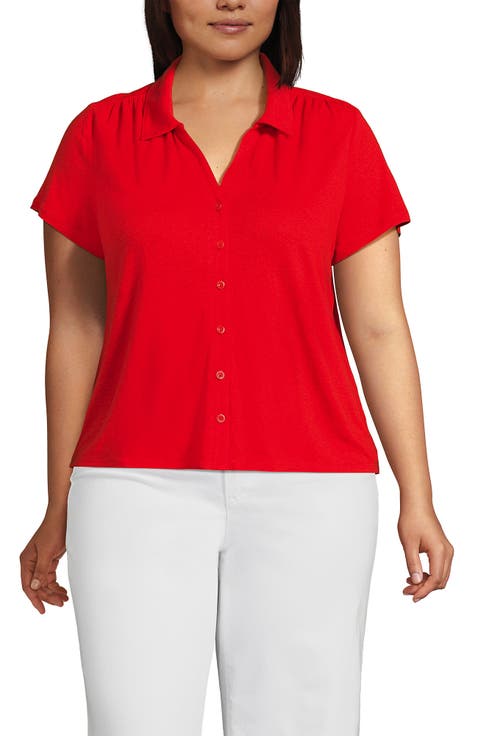 Plus Size Linen Blend Short Sleeve Button Front Polo Top