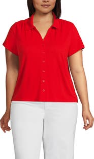 Lands' End Linen Blend Short Sleeve Button Front Polo Top