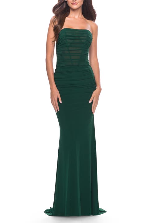 Strapless Net Jersey Dress with Illusion Bodice