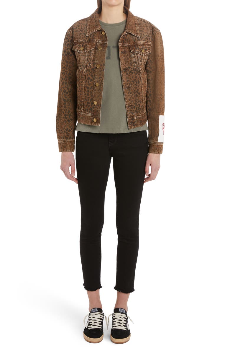 Golden Goose Crop Leopard Print Denim Jacket, Alternate, color,