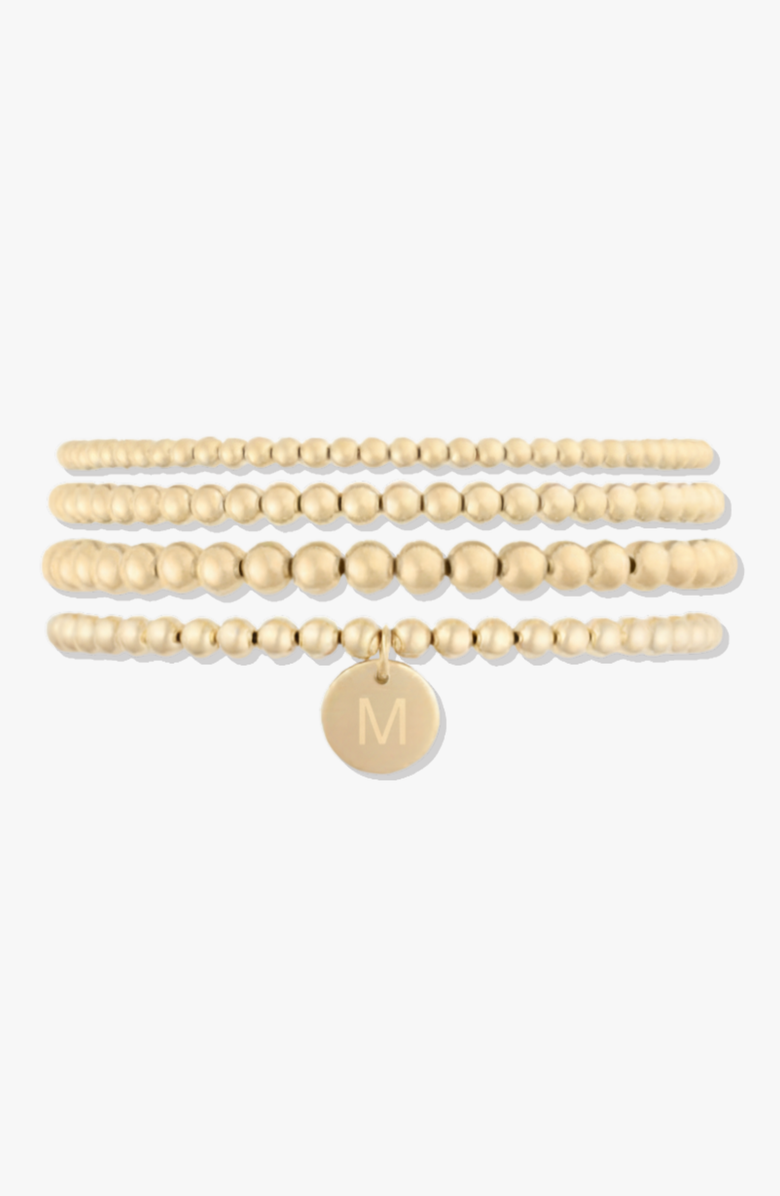CUFFED BY NANO Classic Initial Coin 14k Gold Filled Bead Four Bracelet Stack, Main, color, Gold M