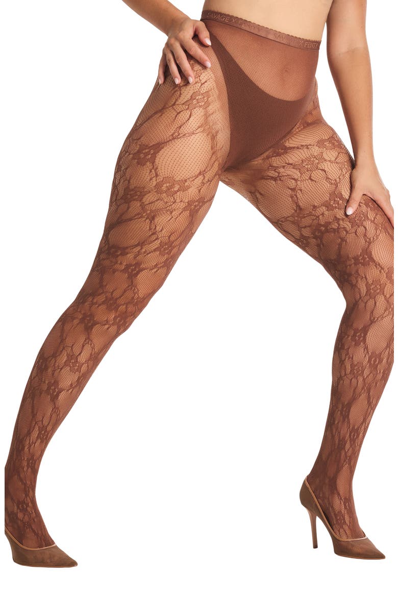 Savage X Lace Floral Sheer Tights, Main, color, BROWN SUGAR NUDE