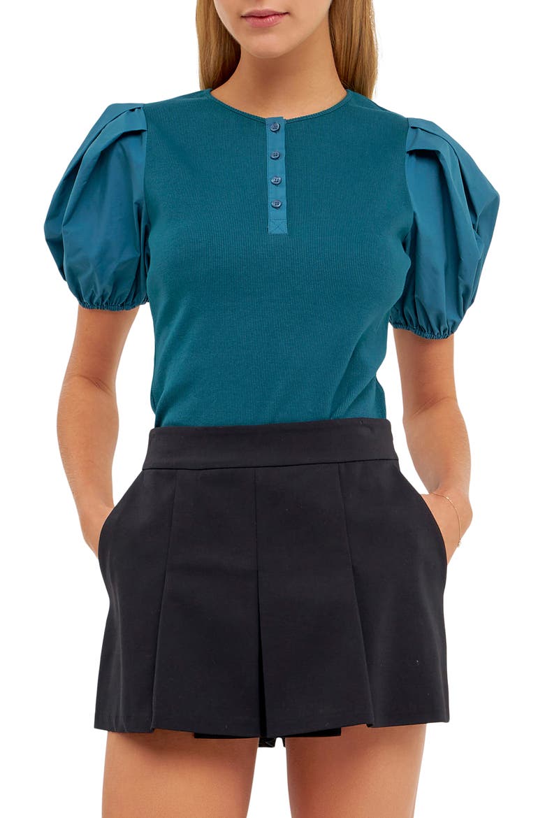 Puff Sleeve Henley, Main, color, TEAL