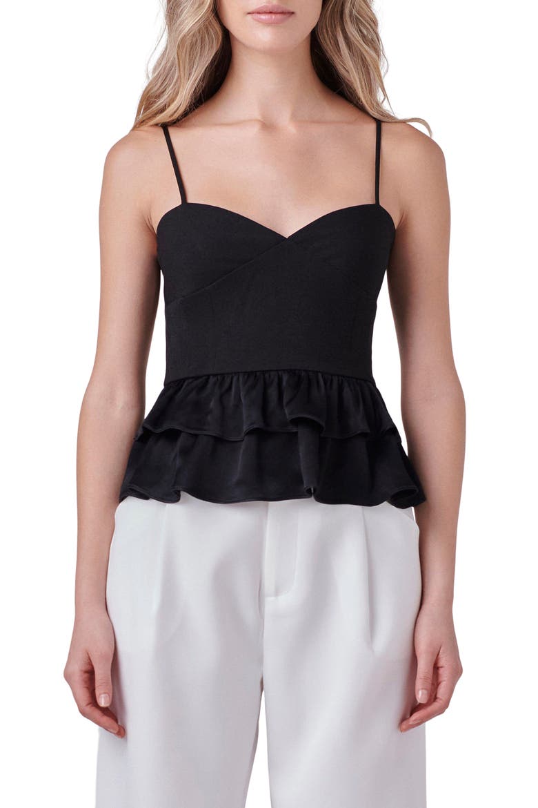 Mixed Media Layered Ruffle Camisole, Main, color, BLACK