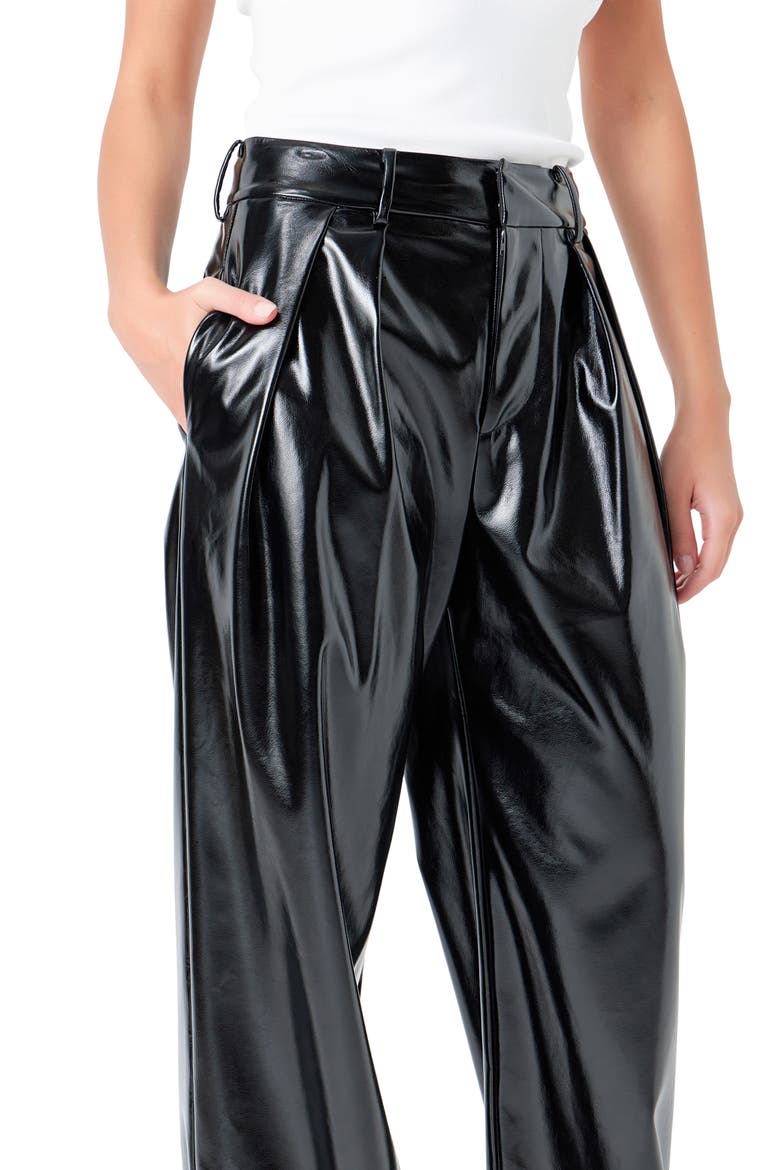 Pleat Faux Patent Leather Pants, Alternate, color, BLACK