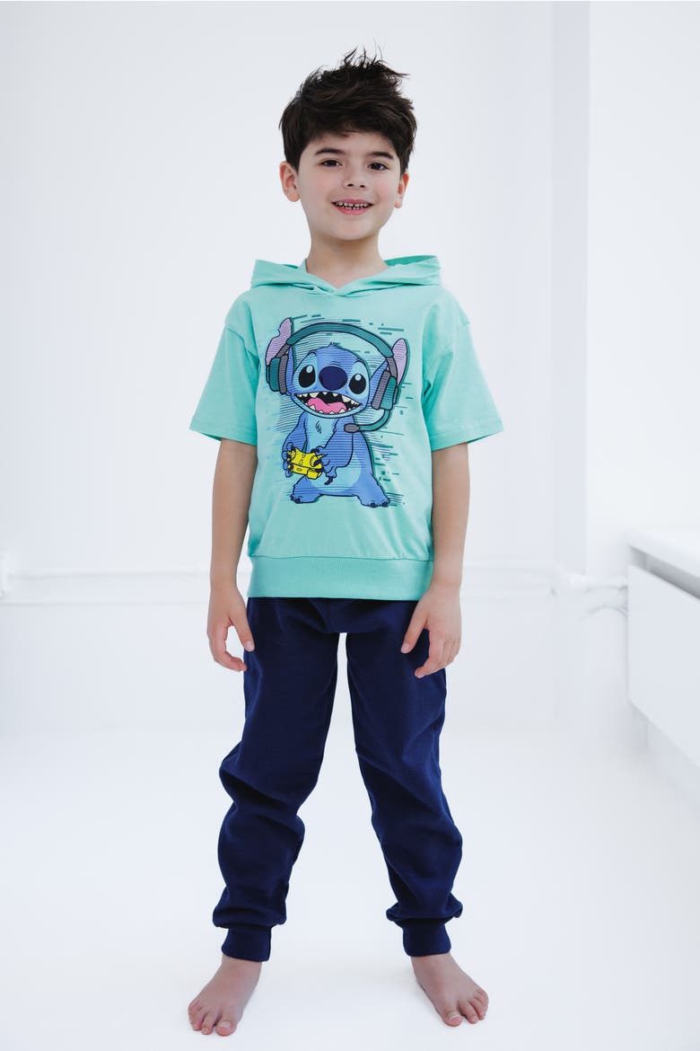 Lilo & Stitch 2-Piece Hooded Tee and Fleece Pants Set, Alternate, color, Mint Navy Stitch
