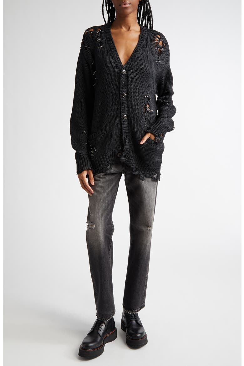 Distressed Oversize Cotton V-Neck Cardigan, Alternate, color, COATED BLACK