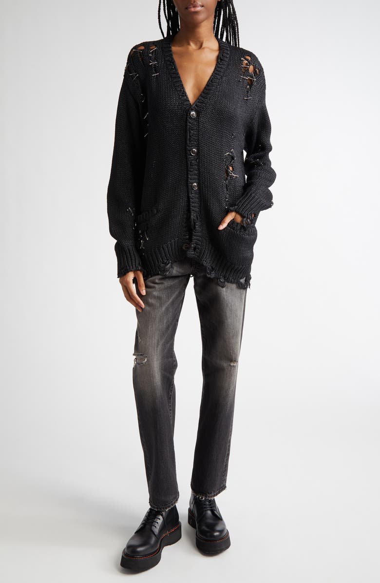 R13 Distressed Oversize Cotton V-Neck Cardigan, Alternate, color, 