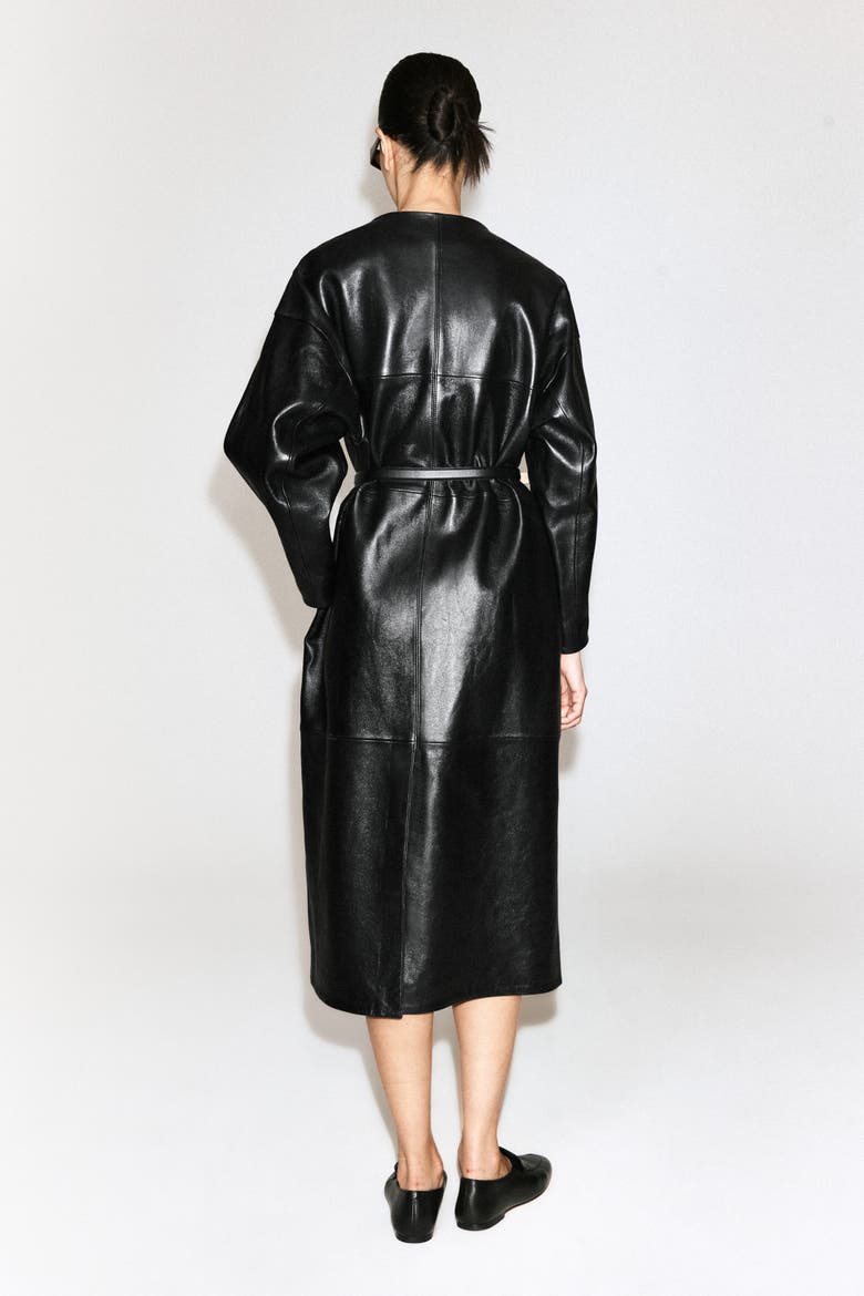 Paneled Leather Long Coat, Alternate, color, BLACK