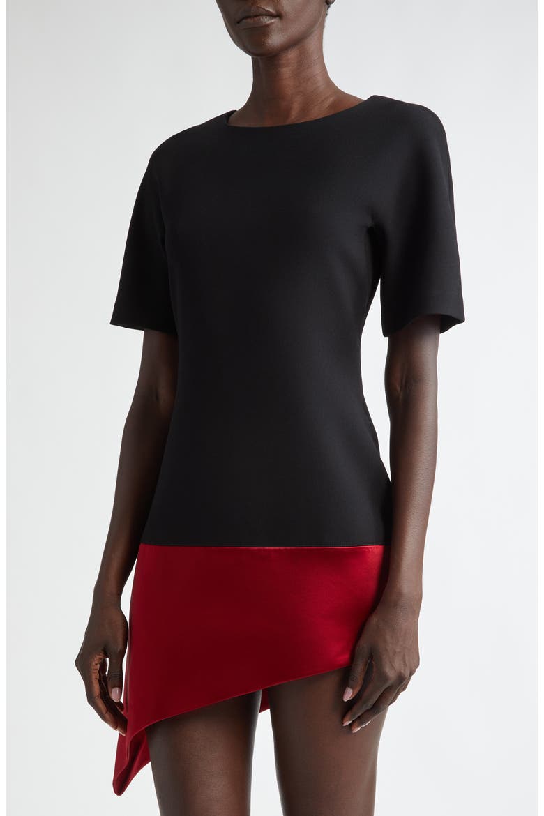 Diagonal Hem Double Crepe Dress, Alternate, color, BLACK/ RED