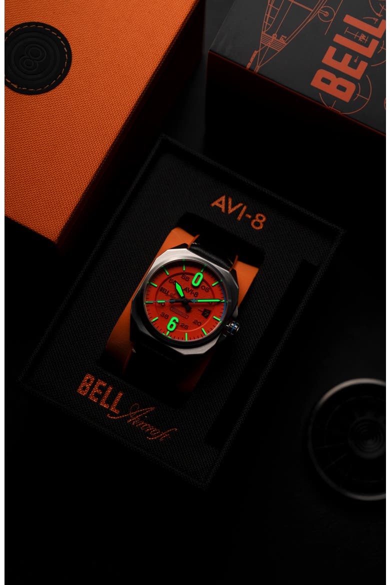 Bell X-1 Machbuster Automatic Leather/Rubber Strap Watch, 41mm, Alternate, color, ORANGE