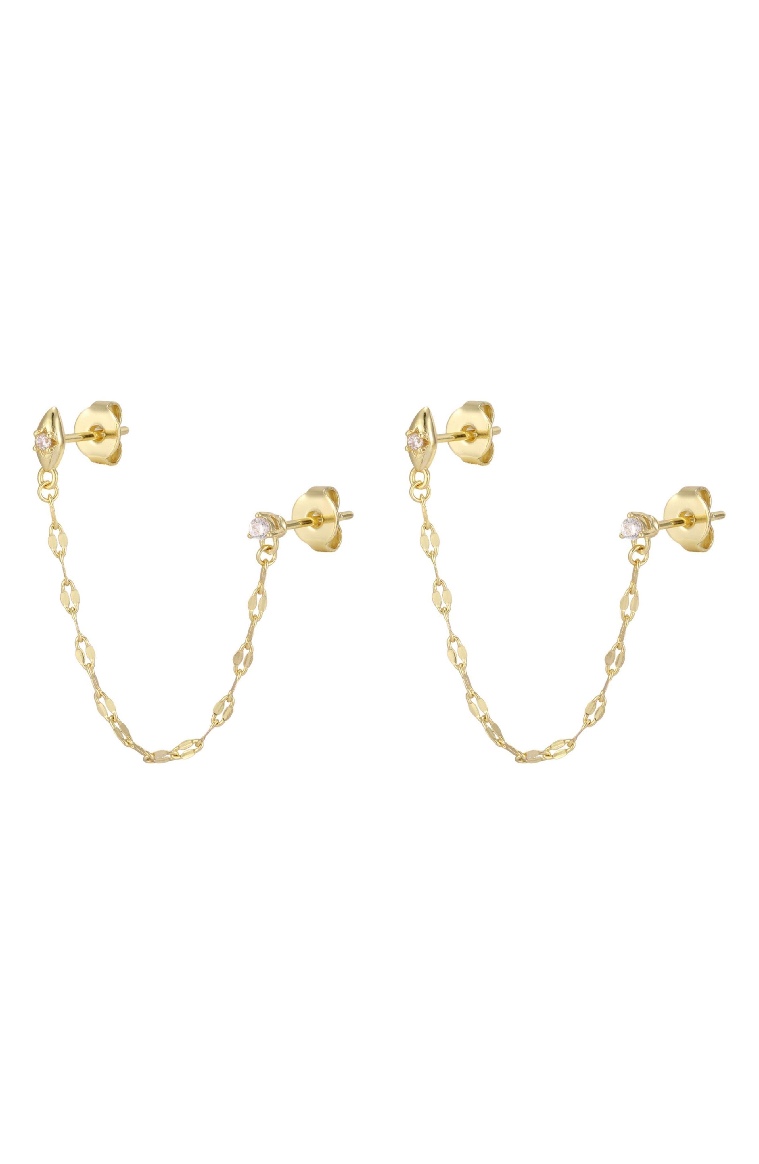 14k Gold Plated Double Piercing Chain Earrings
