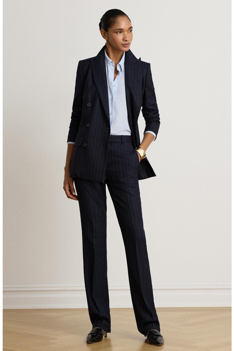 Pinstripe Wool Twill Straight Leg Pants, Alternate, color, NAVY BLUE/ WHITE