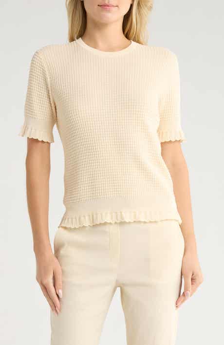 Theory Bristol Lace Trim Waffle Knit Sweater Top