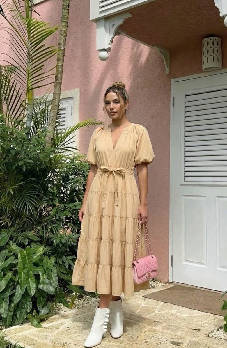 Modenaire Tiered Puff Sleeve Tie Waist Midi Dress, Alternate, color, Sand