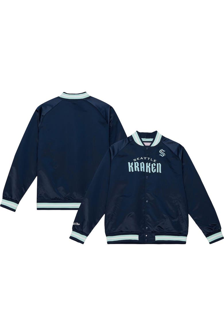 Men's Mitchell & Ness Deep Sea Blue Seattle Kraken Satin Full-Snap Raglan Varsity Jacket, Alternate, color, Navy