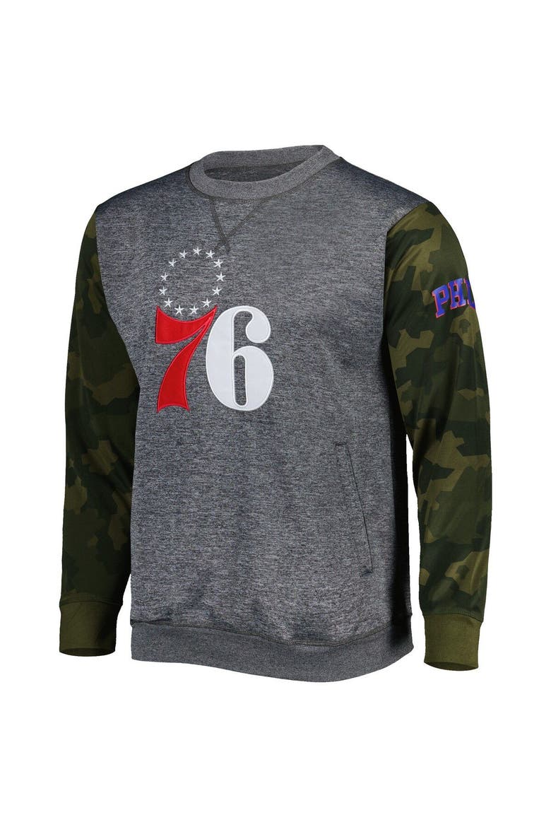 Men's Fanatics Branded Heather Charcoal Philadelphia 76ers Camo Stitched Sweatshirt, Alternate, color, Heather Charcoal