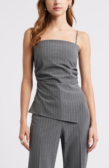 Pinstripe Ruched Asymmetric Sleeveless Top