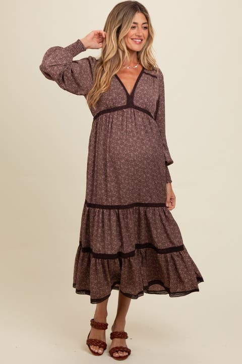 Floral Lace Trim Bubble Sleeve Maxi Dress