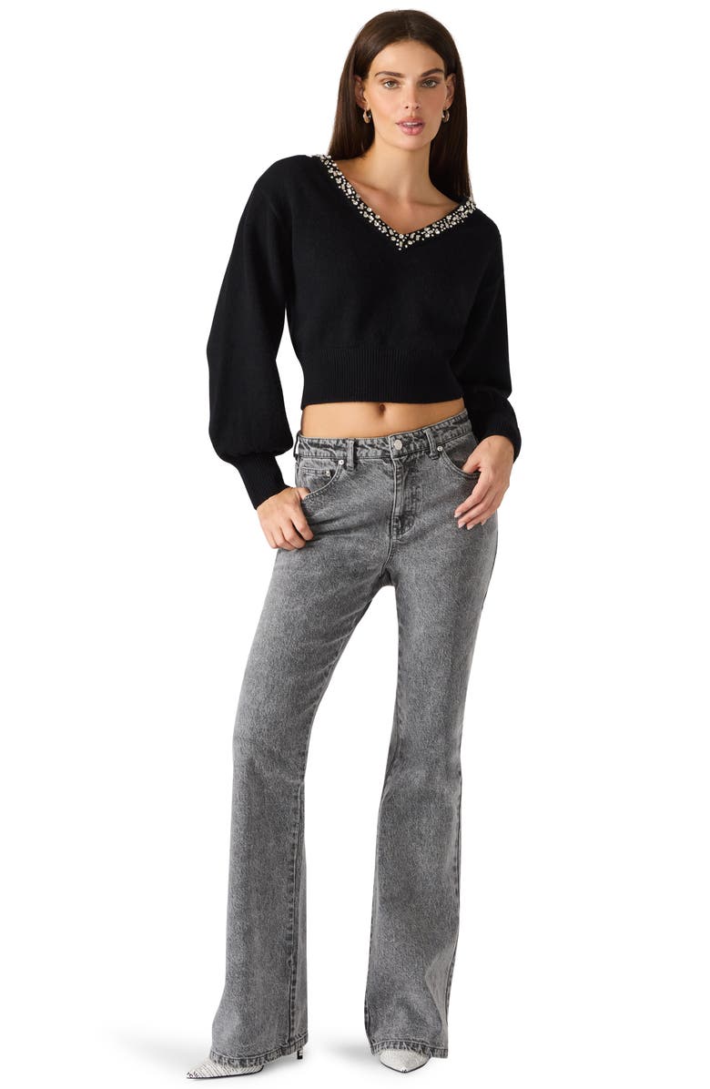 Steve Madden Evilyn Embellished V-Neck Crop Sweater, Alternate, color, Black