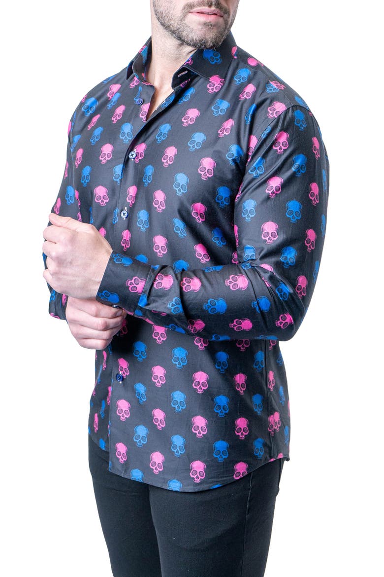 Fibonacci Skull Print Contemporary Fit Button-Up Shirt, Alternate, color, BLACK