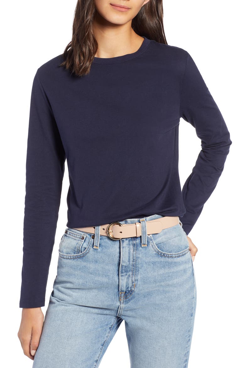 Rib Crewneck Stretch Cotton Top, Main, color, NAVY NIGHT