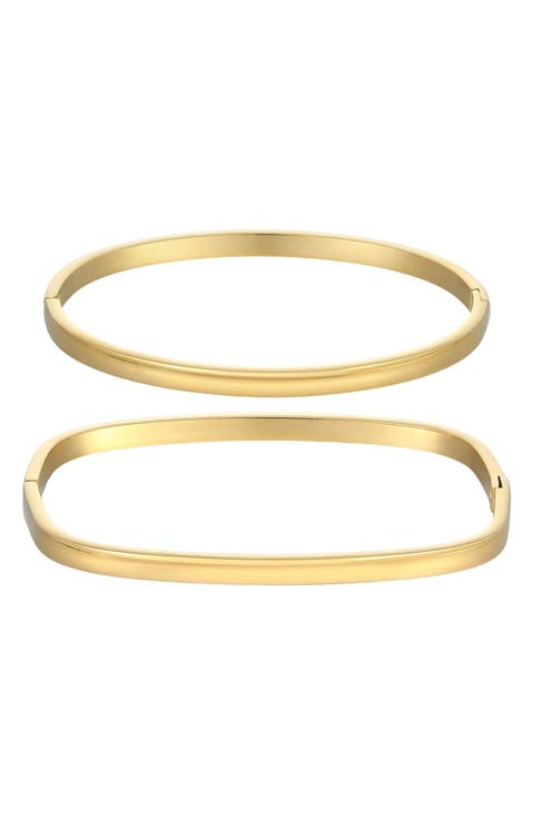 Set of 2 18K Gold Plated Square & Oval Bangle Bracelets