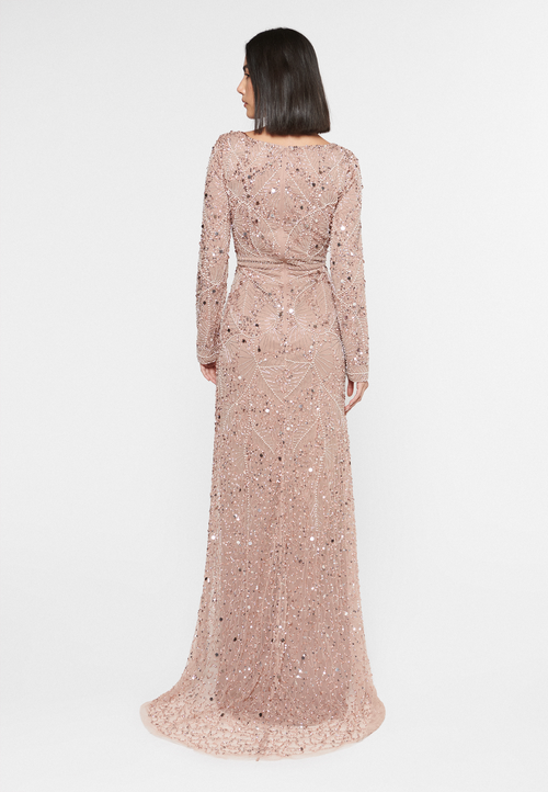 Shop Maryisa Occasion Modest Embellished Sequin Beaded High Neck Evening Dress In Taupe Blush