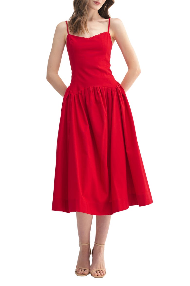 Drop Waist Cotton & Linen Midi Dress, Main, color, RED