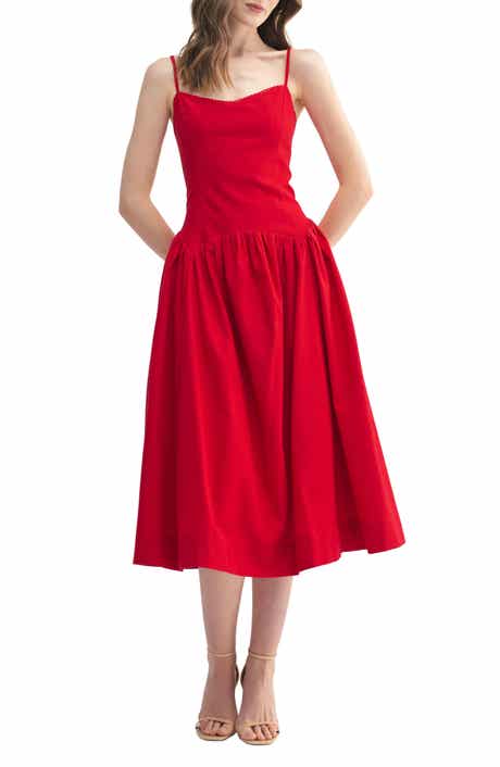 All in Favor Drop Waist Cotton & Linen Midi Dress