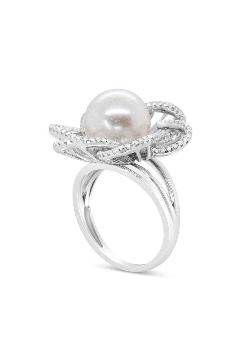14K White Gold 11mm Pearl and 1/3 Cttw Diamond Openwork Flower Blossom Ring, Alternate, color, White