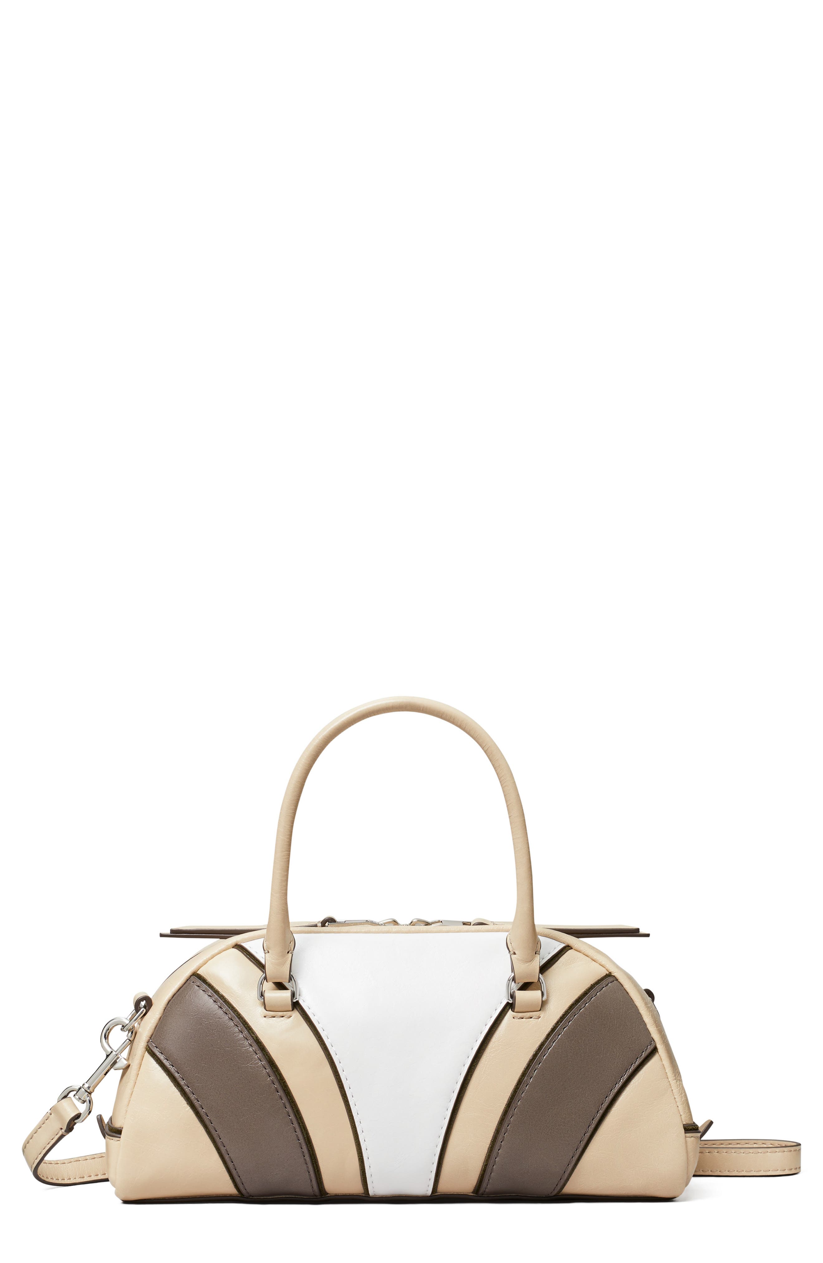 Tory Burch Small Moto Quilt Leather Bowler Top Handle Bag, Main, color, Beige Multi