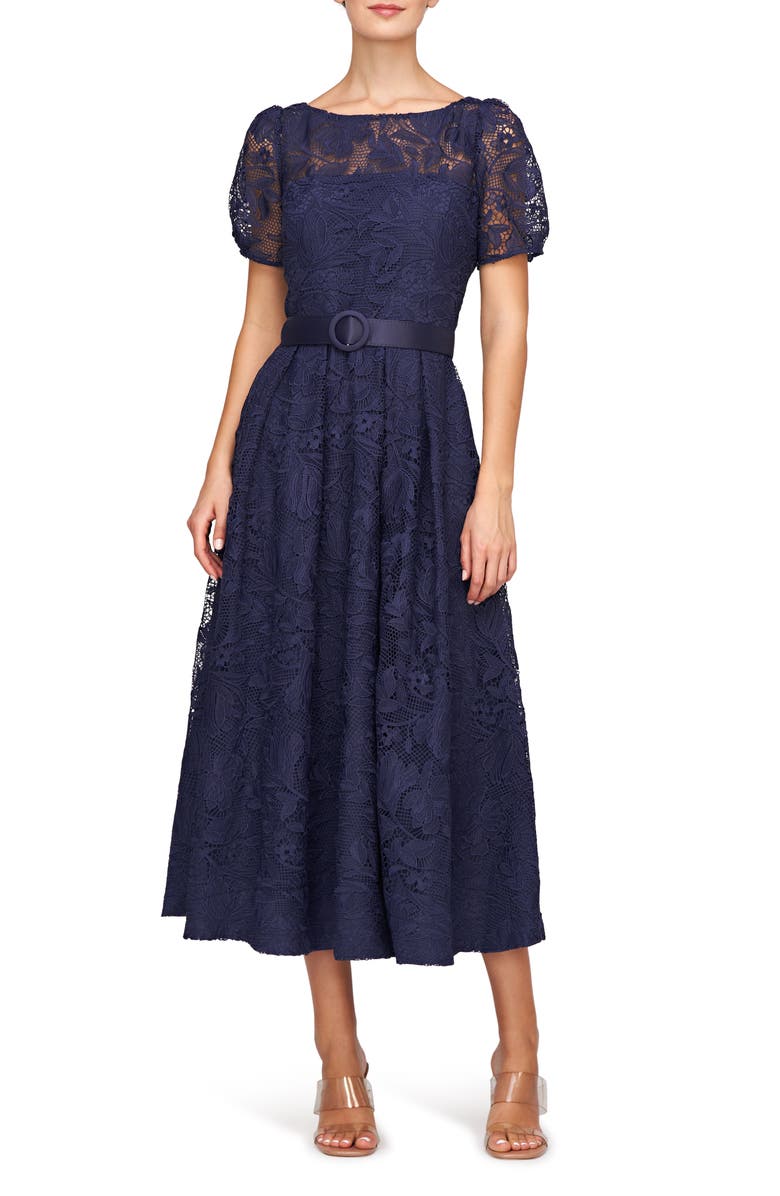 Kay Unger Haisley Belted Lace Cocktail Dress, Main, color, Dark Twilight