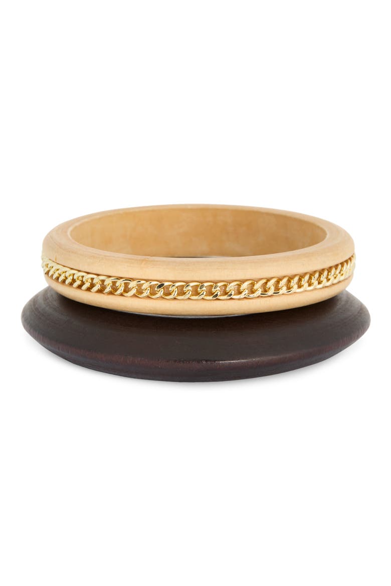 Set of 2 Wood Bangles, Main, color, BROWN MULTI- GOLD