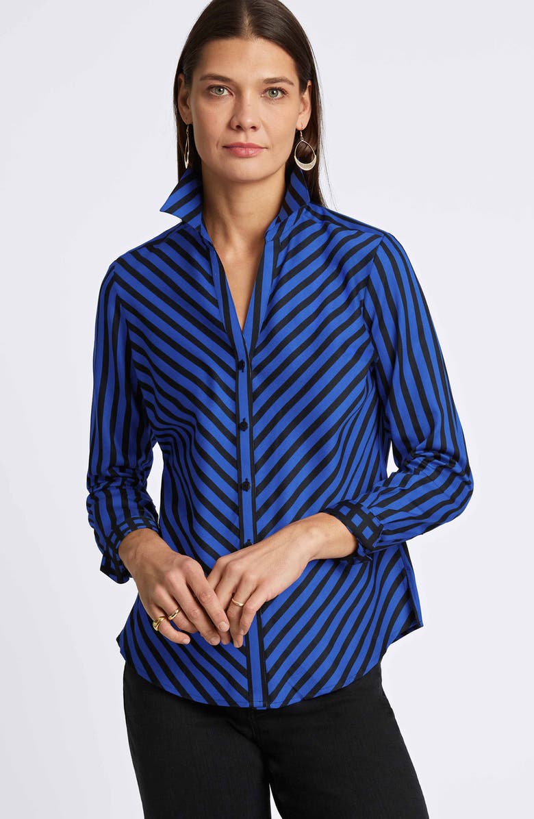 Foxcroft Mary Stripe Long Sleeve Cotton Sateen Button-Up Shirt, Alternate, color, Sapphire/ Black