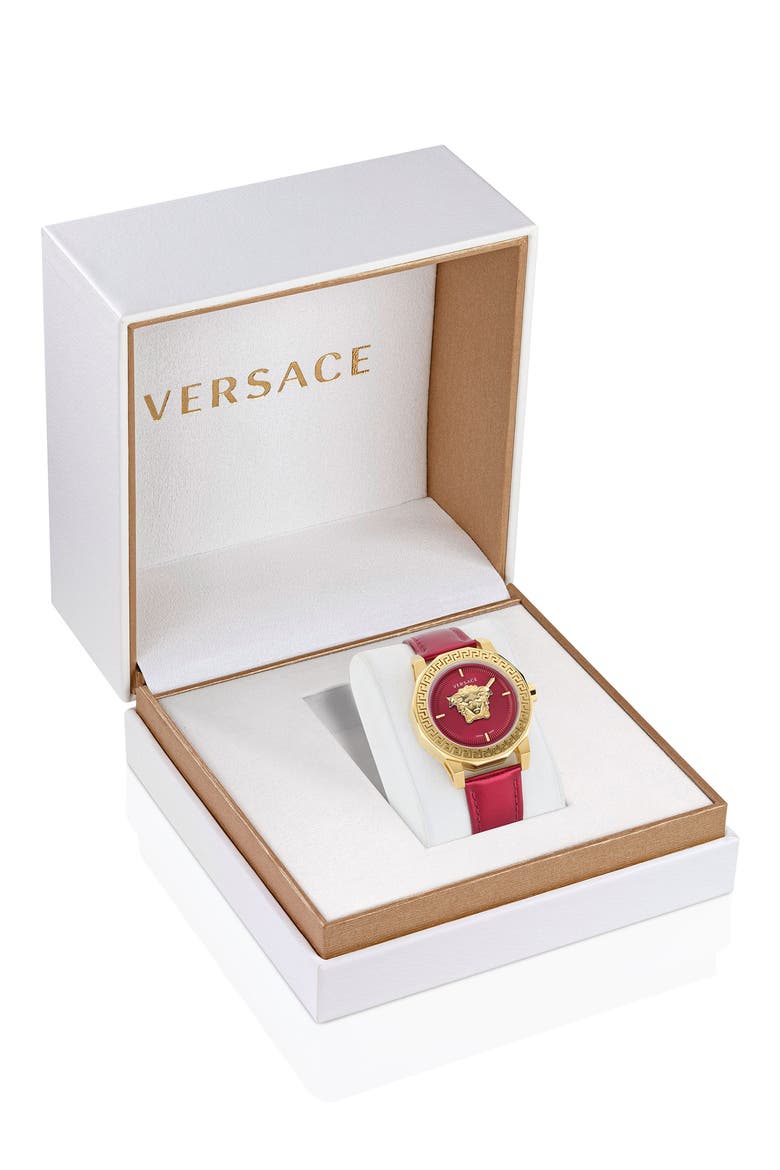 Medusa Deco Leather Strap Watch, 38mm, Alternate, color, IP YELLOW GOLD