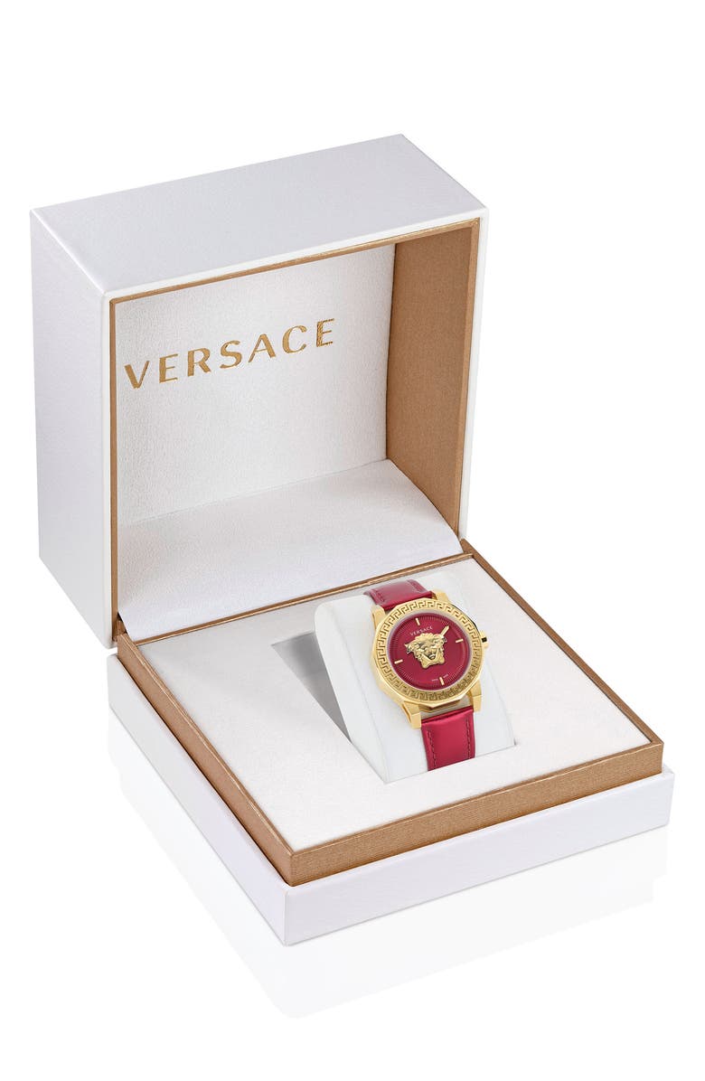Versace Medusa Deco Leather Strap Watch, 38mm, Alternate, color, Ip Yellow Gold