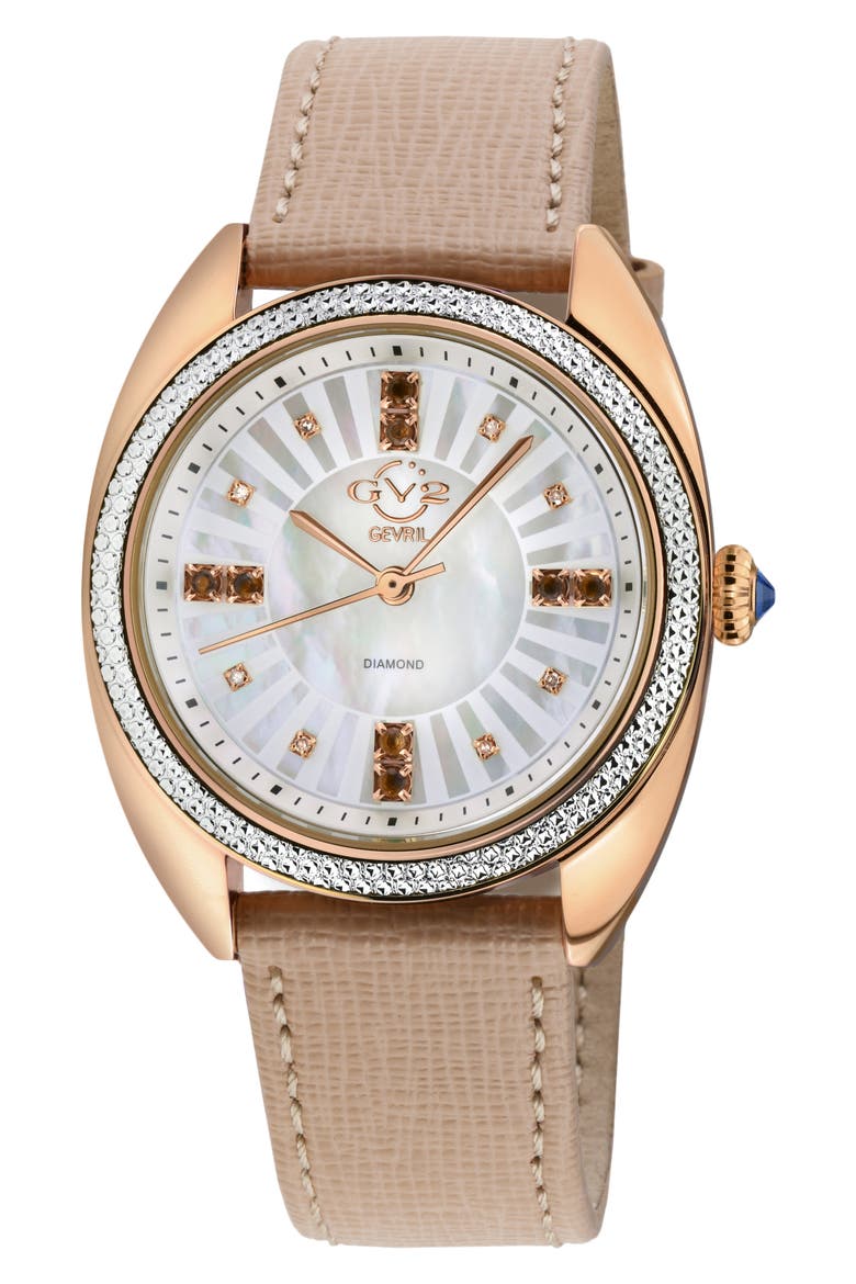 Palermo Diamond & Gemstone Leather Strap Watch, 35mm, Main, color, ROSE GOLD