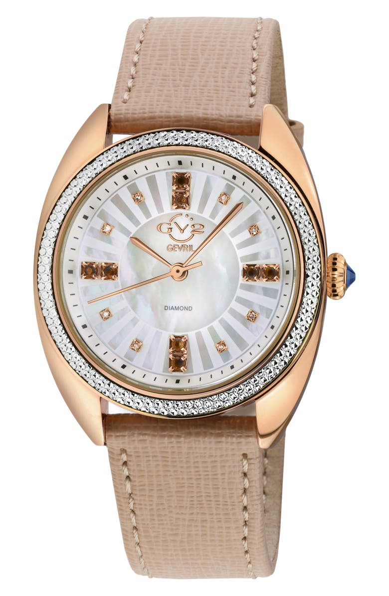 GV2 Palermo Diamond & Gemstone Leather Strap Watch, 35mm, Main, color, Rose Gold