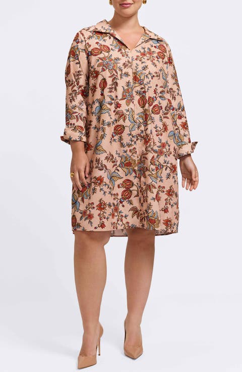 Agnes Autumn Leaf Print Long Sleeve Corduroy Belted Dress (Plus)